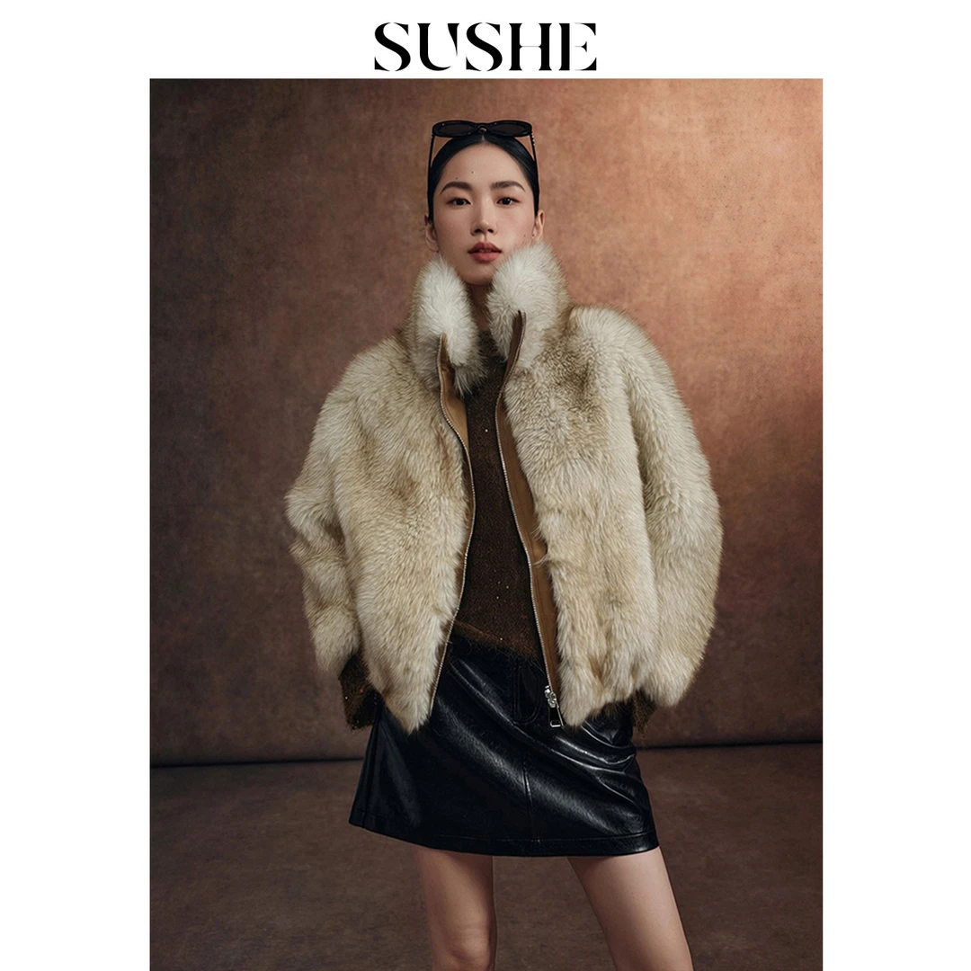 束皙SUSHE【云裳】环保皮草双面穿仿狐狸毛花苞廓形短款派克外套