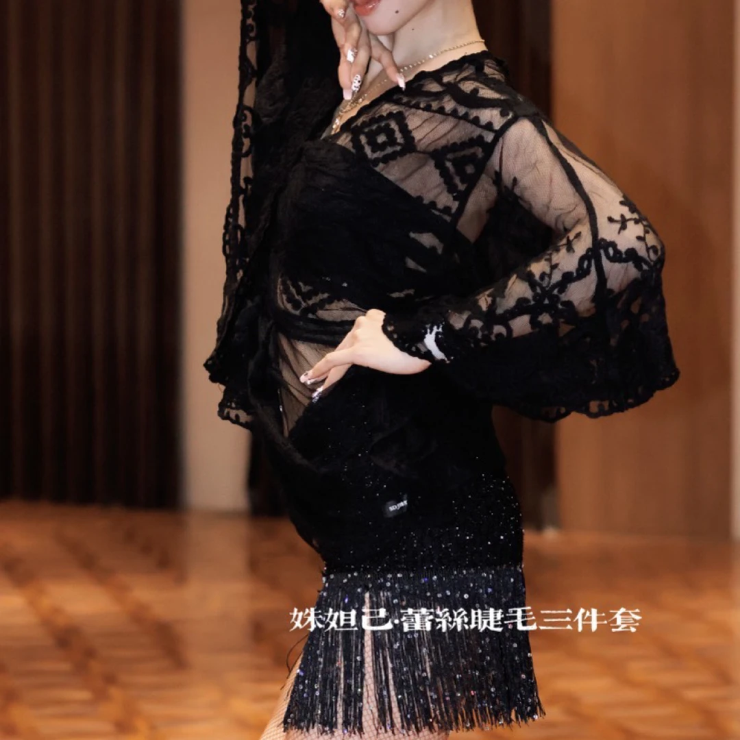 姝妲己蕾丝罩衫三件套基础体操服系带流苏裙夏季黑色