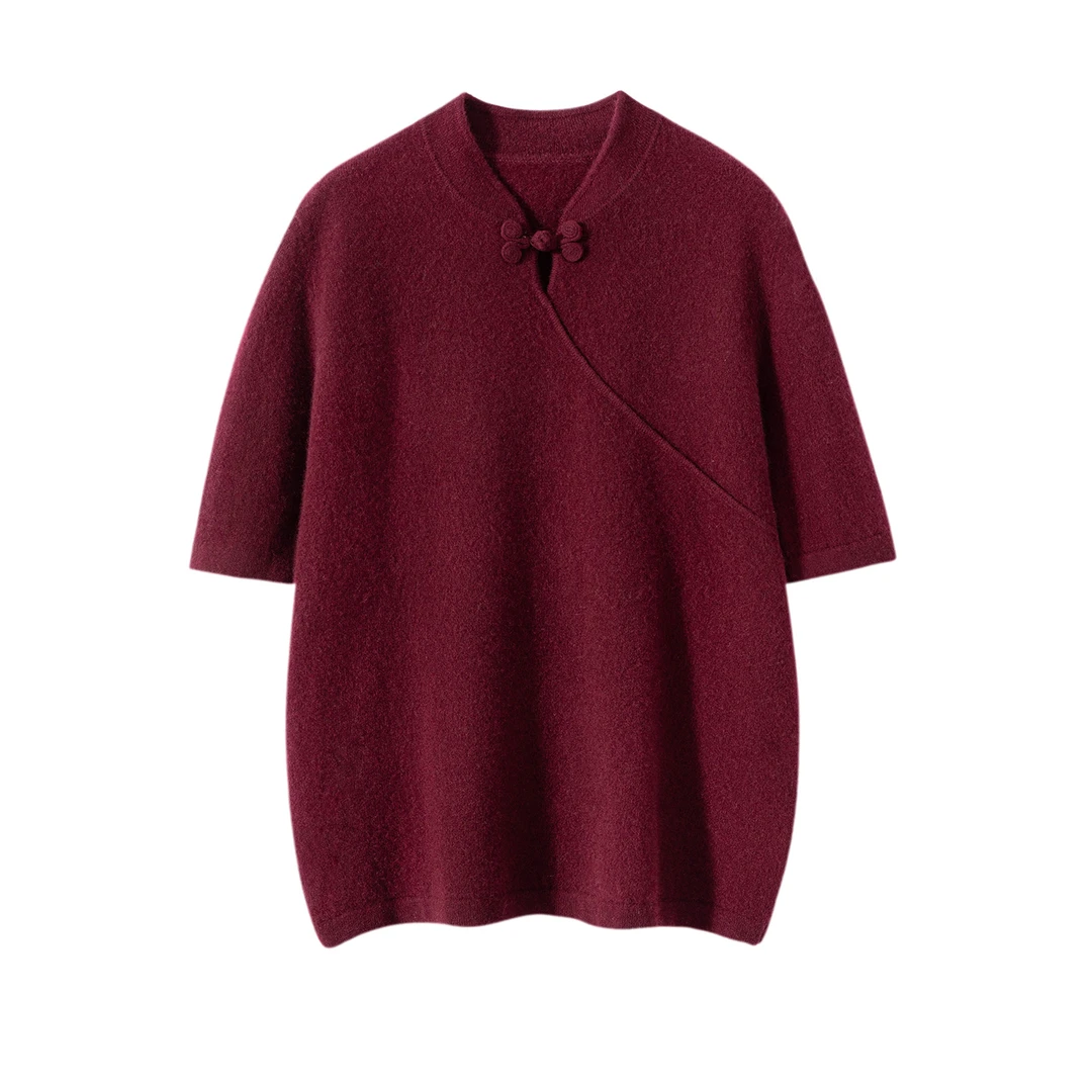 网红款式显瘦黑色针织时尚夏季宽松圆领短袖纯色休闲针织衫立领潮