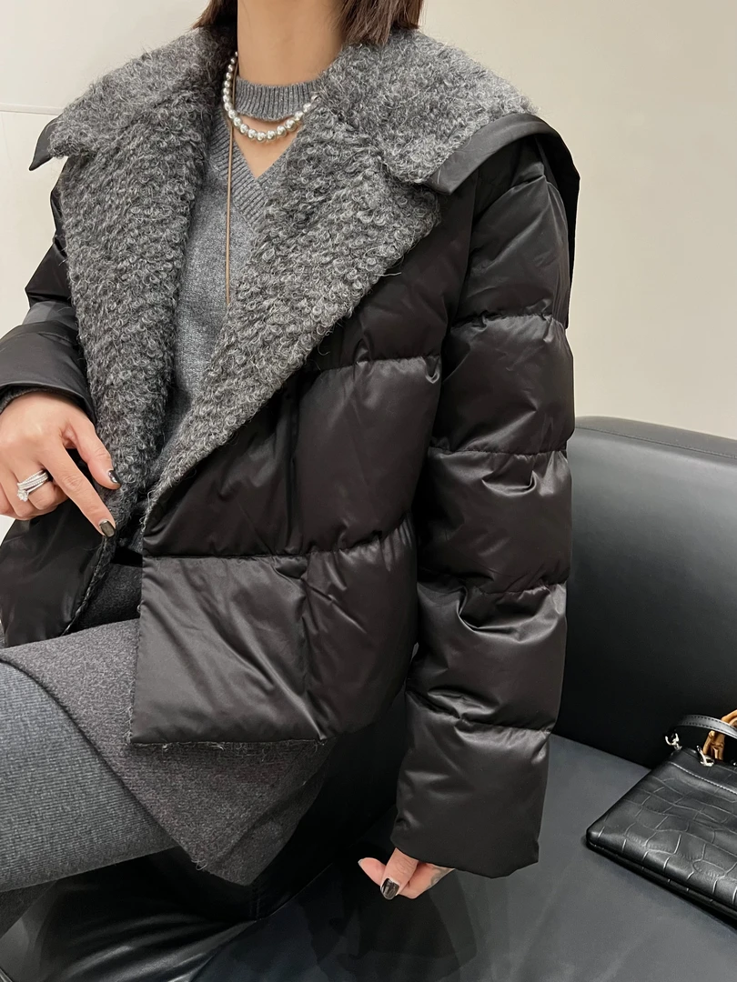 HY-《短款羽绒》新款冬季拼接翻领时尚羽绒服女抽绳收腰外套