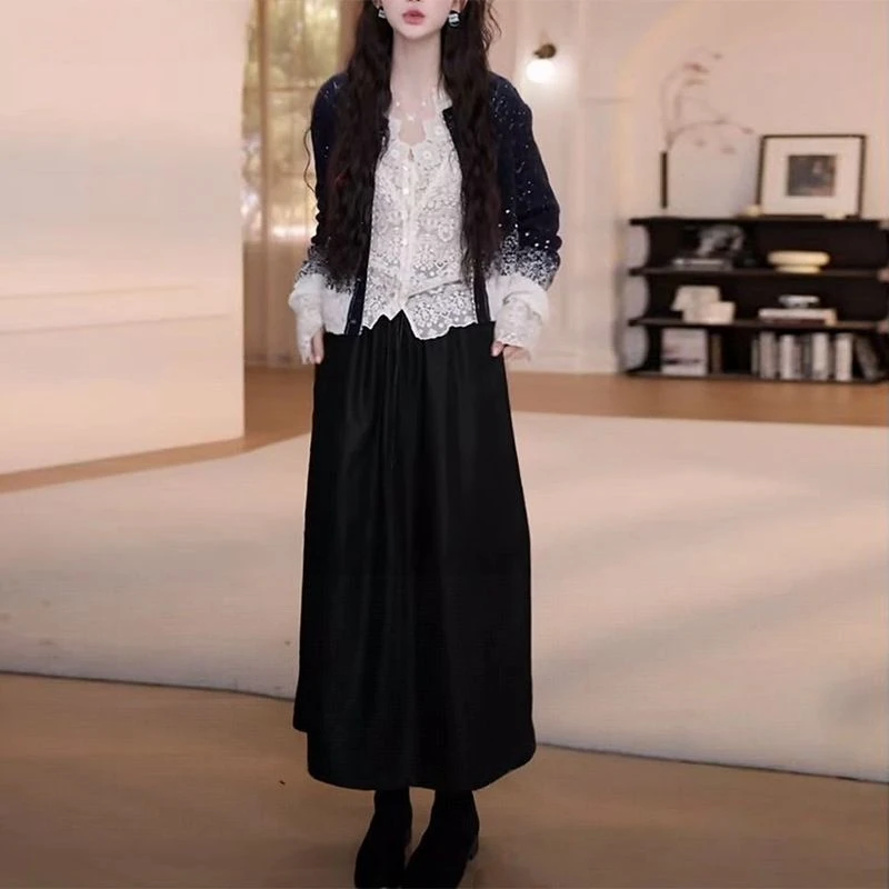 早秋气质时尚套装女渐变满天星针织衫蕾丝喇叭袖衬衫抽绳半身皮裙