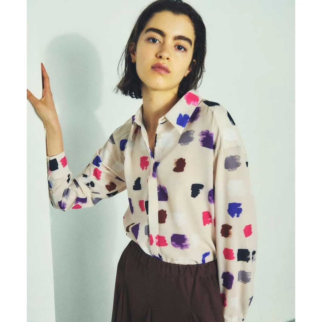 【TaKuMi】日系品牌 秋季新款 G 时尚不规则印花翻领衬衫上衣
