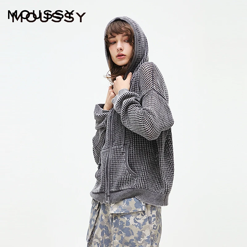 MOUSSY 2025新品休闲假日连帽落肩网洞针织开衫028ISZ70-0391