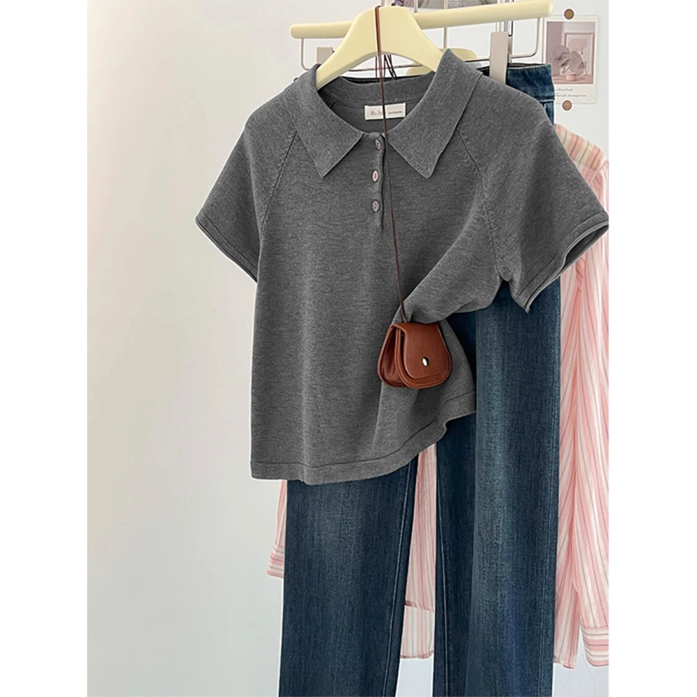 百搭灰色polo领插肩袖短袖针织衫女夏设计感宽松显瘦休闲翻领上衣
