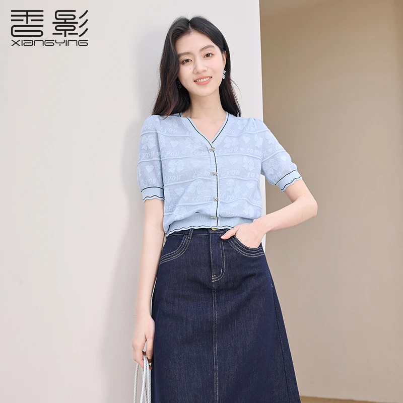 M85S168毛针织衫 香影爱心蝴蝶针织衫女夏季新款撞色罗纹v领上衣