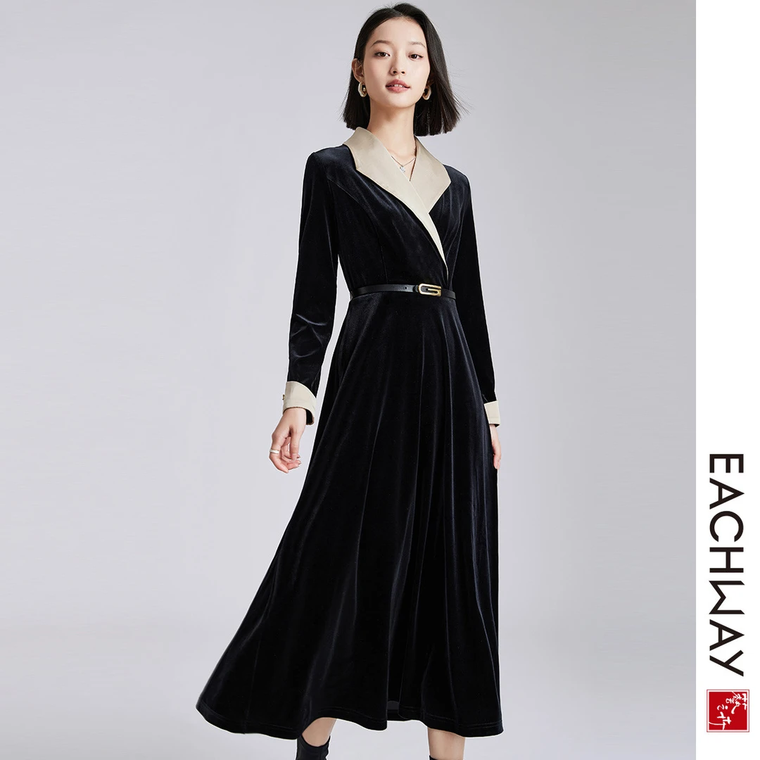 1F33L2015007优雅气质丝绒连衣裙春季百搭中长A字裙女