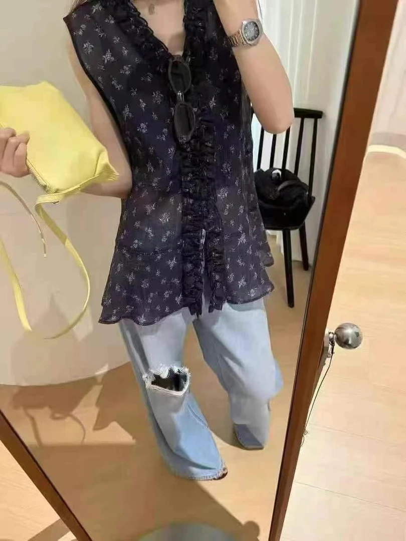 夏季新款小碎花木耳边V领无袖衬衫上衣