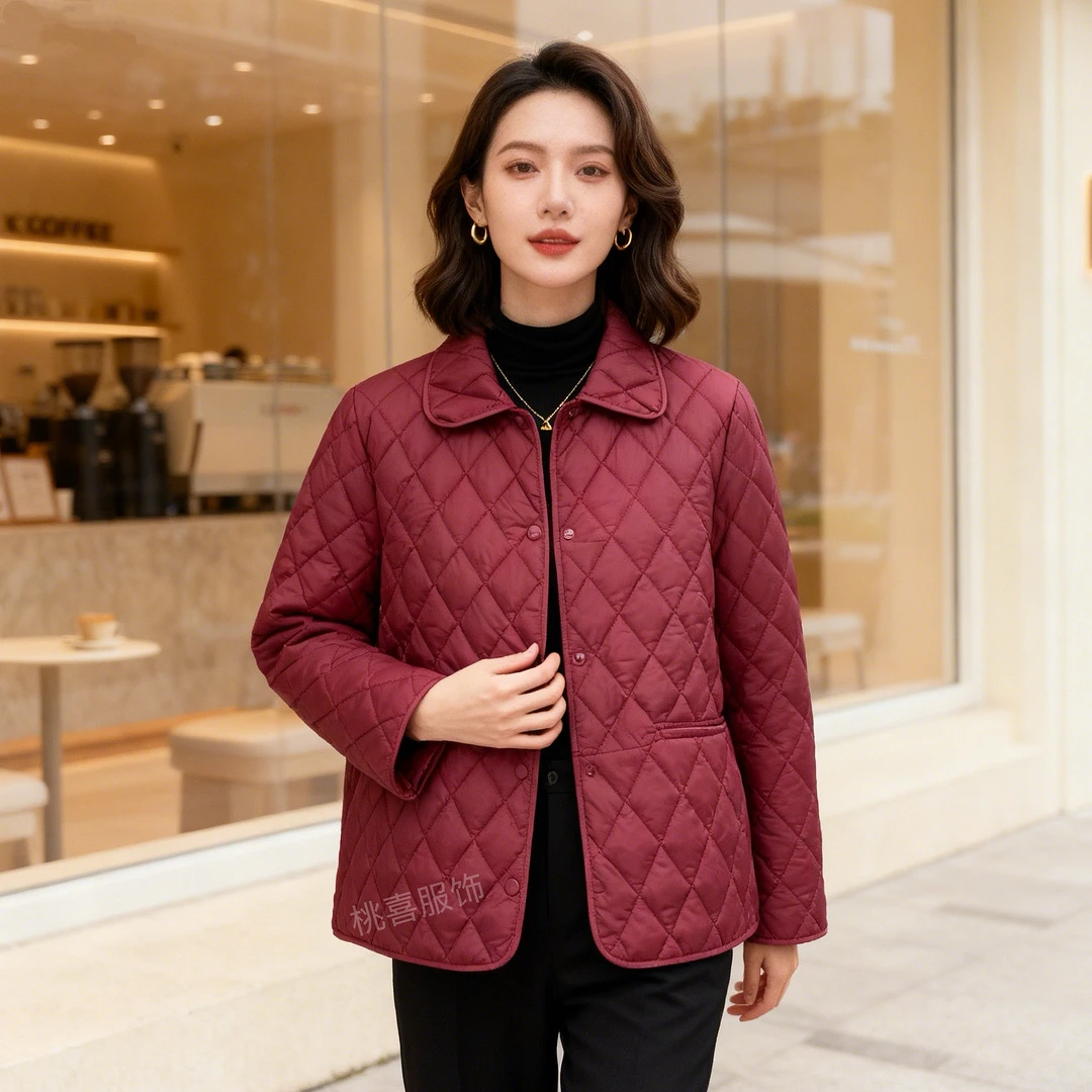 新款翻领宽松时尚妈妈轻薄棉服女士整张棉衣外套24年【小菱格翻领】