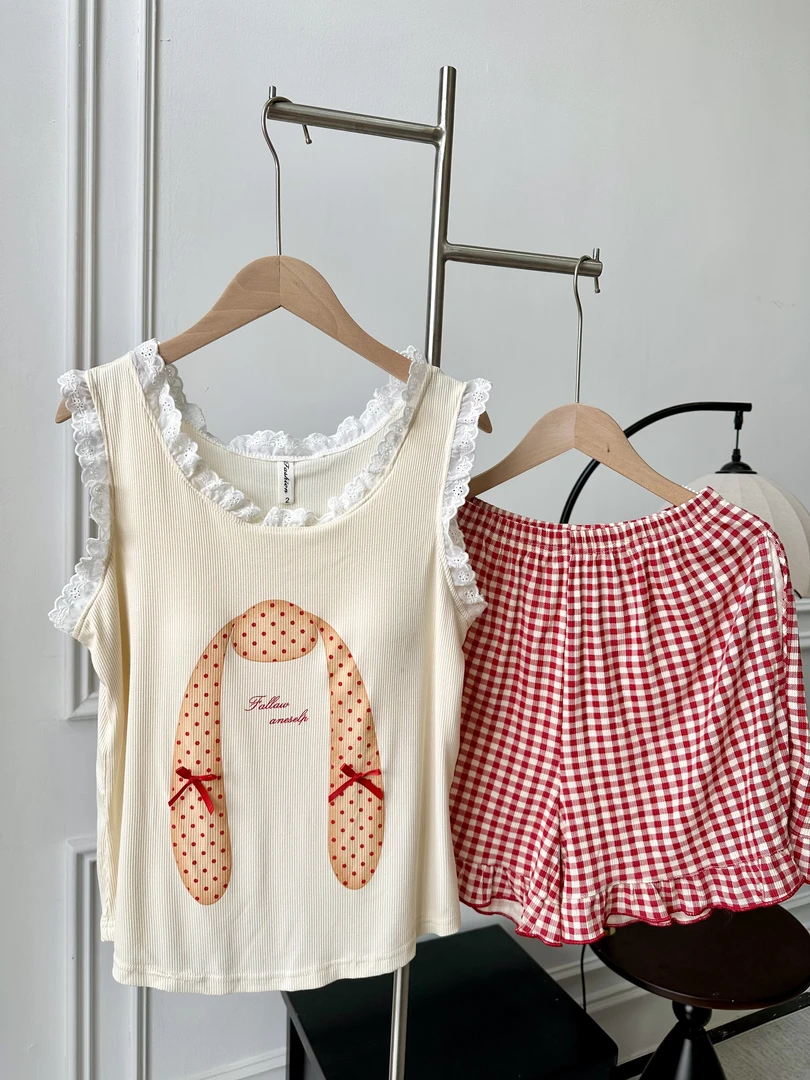 【红格兔耳朵】带胸垫女士夏季可外穿莫代尔家居服背心短裤套装