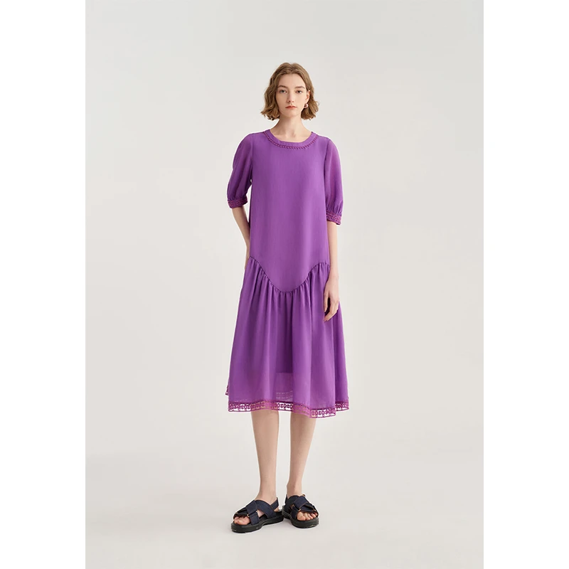 EIN/言法式浪漫绣花花边拼接灯笼袖圆领紫色连衣裙女2025春夏新款