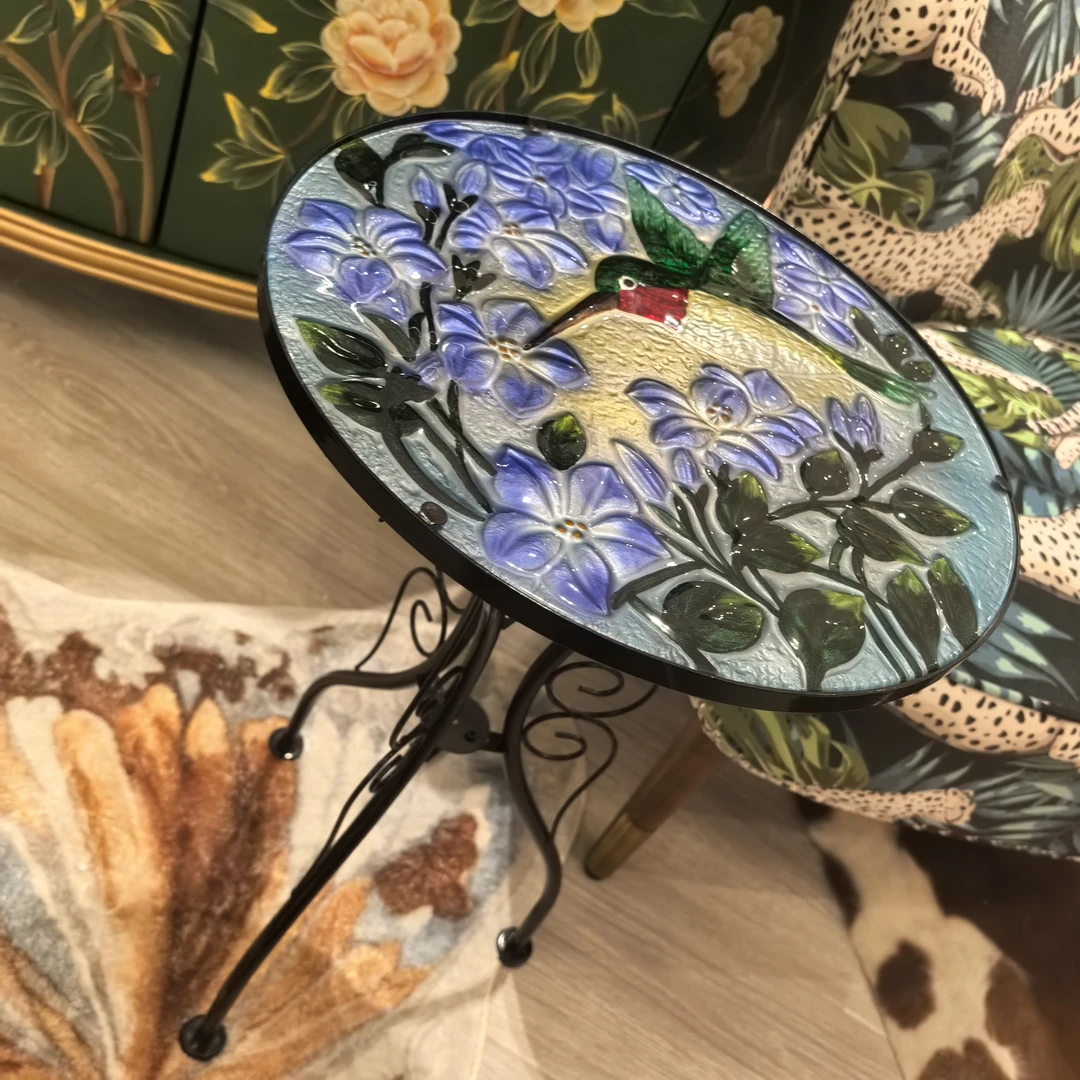 迷你琉璃边桌蓝花蜂鸟彩绘小桌面花盆置物架36x36x55cm