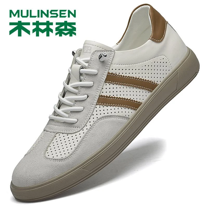 木林森男鞋秋季新款真皮洞洞透气休闲板鞋男百搭镂空软皮男款潮鞋