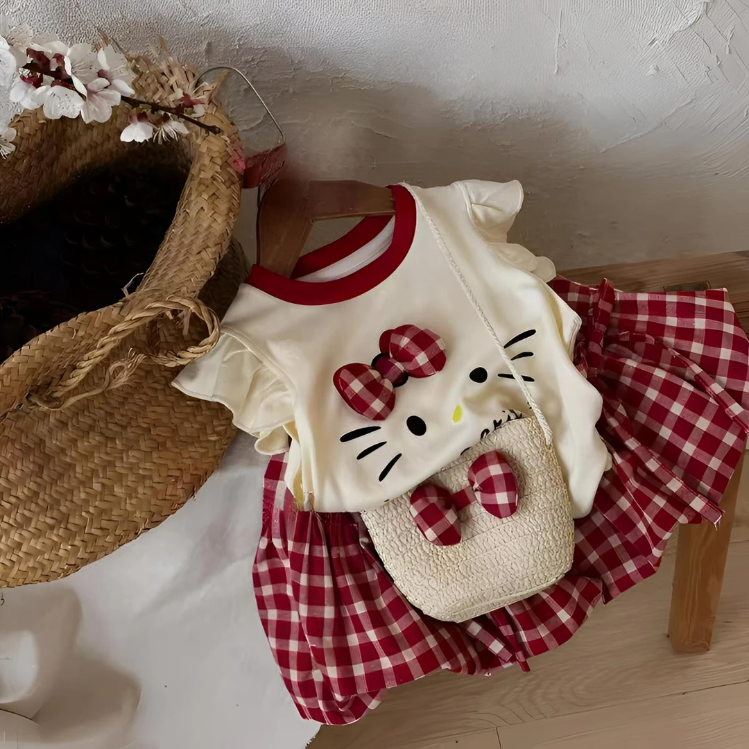 女童短袖夏装2025新款小女孩百搭格子花苞裙儿童洋气百褶裙套装