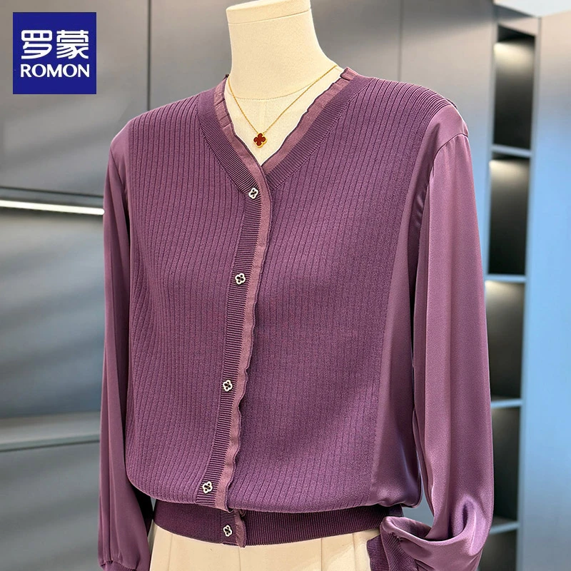 罗蒙时尚雪纺拼接针织衫女妈妈装秋装新款减龄气质中年妇女打底衫