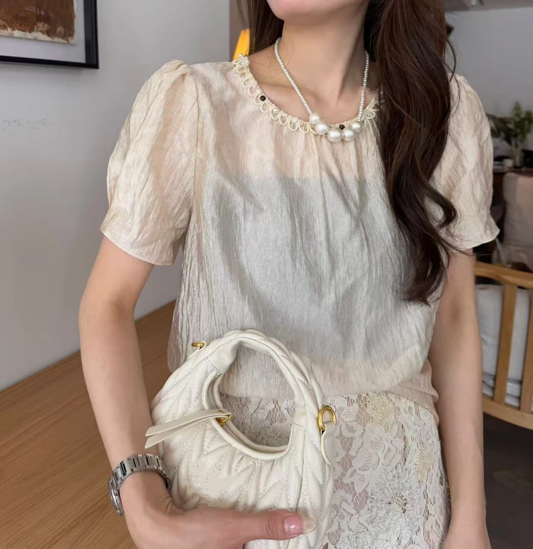 【BAI】夏新款小众后背花朵纽扣泡泡袖衬衫上衣80711