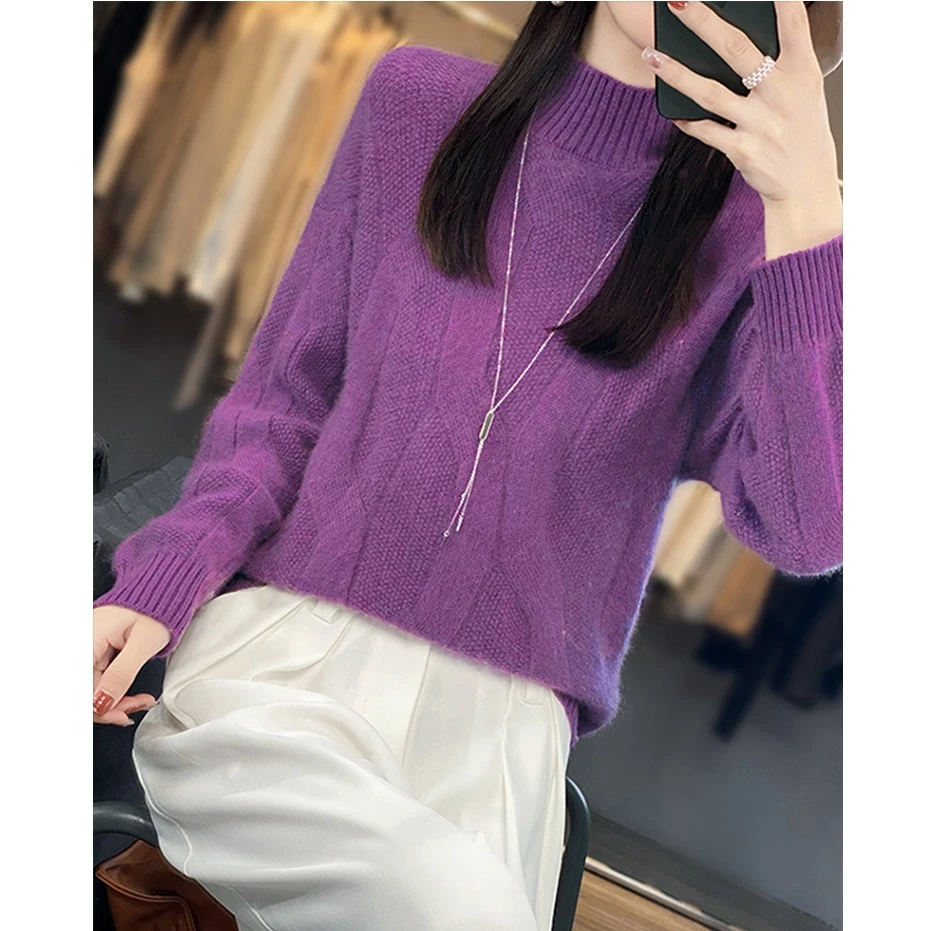 秋冬福利款纯羊毛厚款半高领宽松时尚羊毛针织打底毛衣