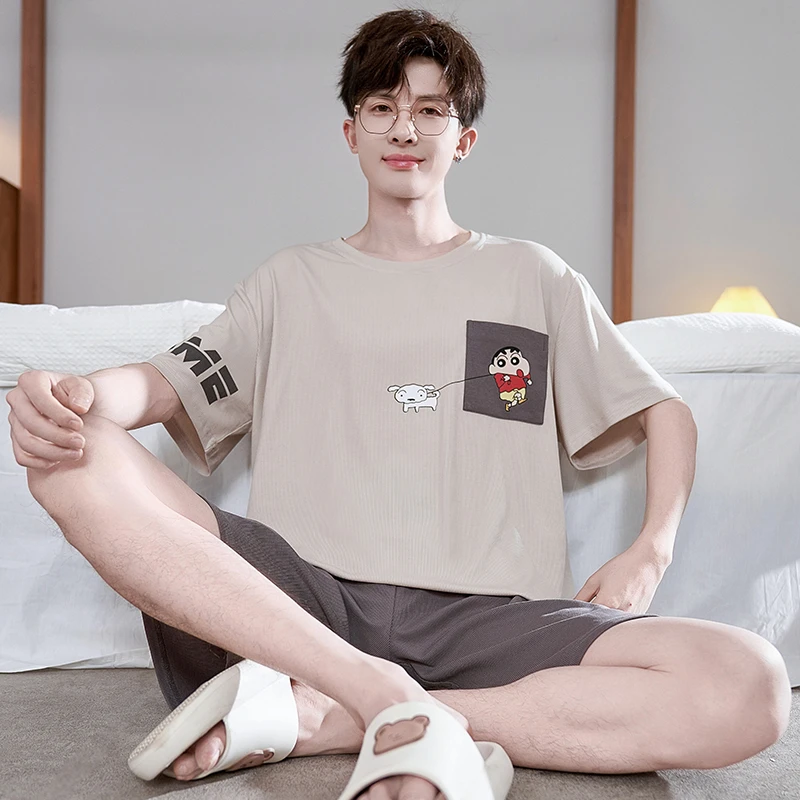 莫代尔睡衣男士夏季短袖宽松薄款卡通青少年夏天可外穿家居服套装