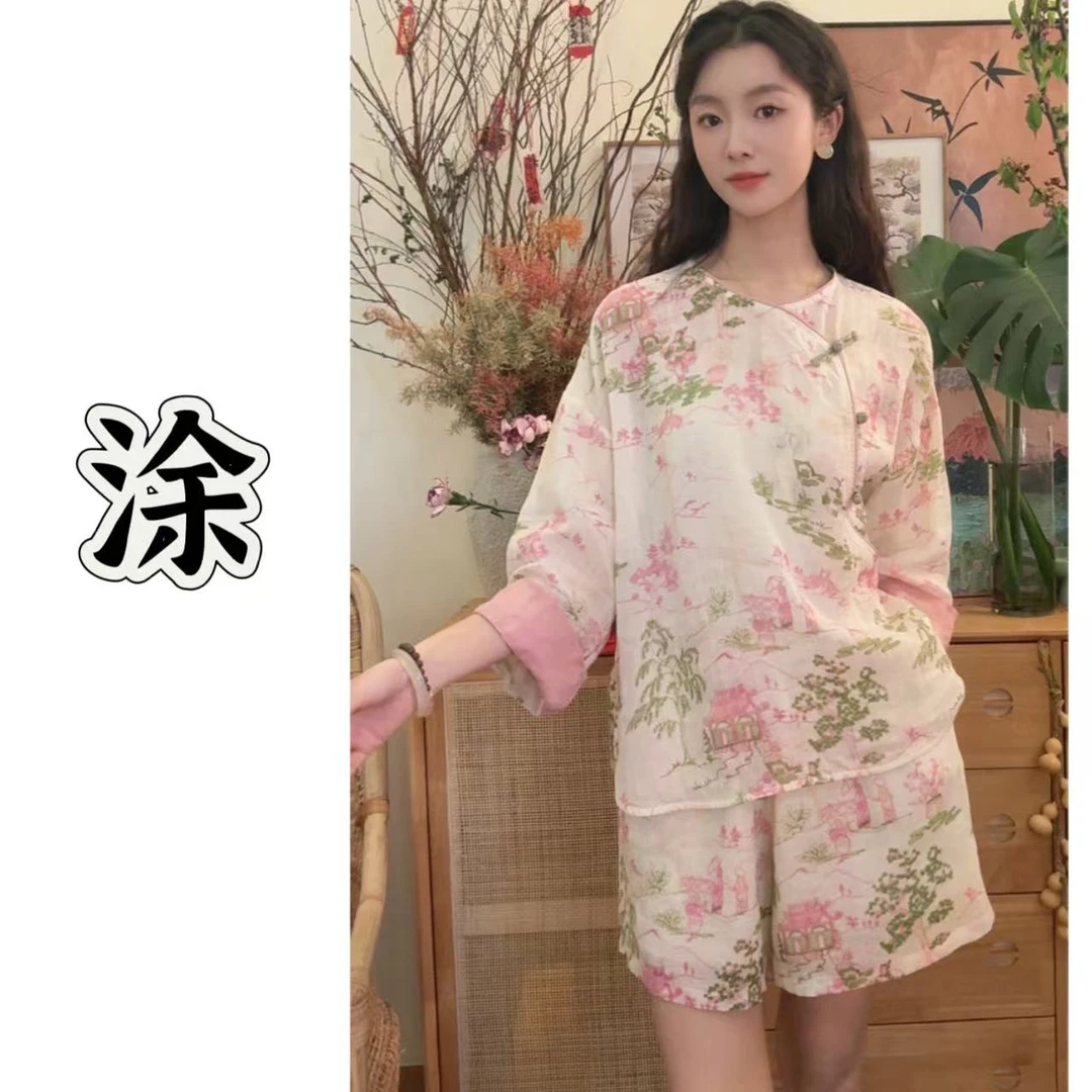 涂涂国风【夏江南小衫】原创设计新中式夏季套装国风禅意苎麻小衫