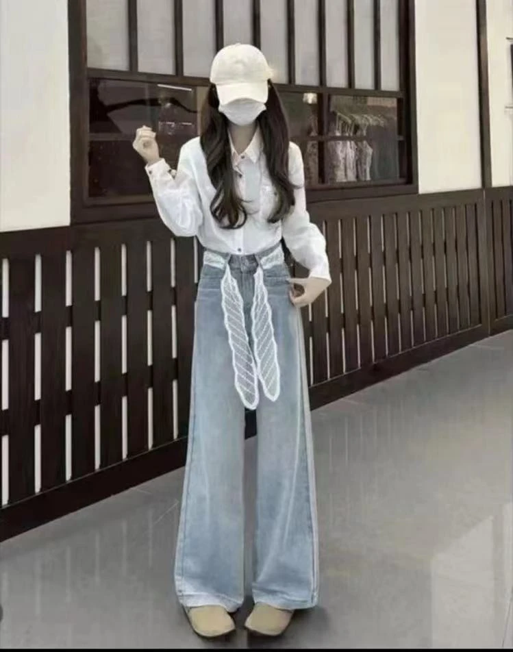[现货+运费险]2025早秋新款冰川蓝韩版高腰阔腿直筒牛仔裤女