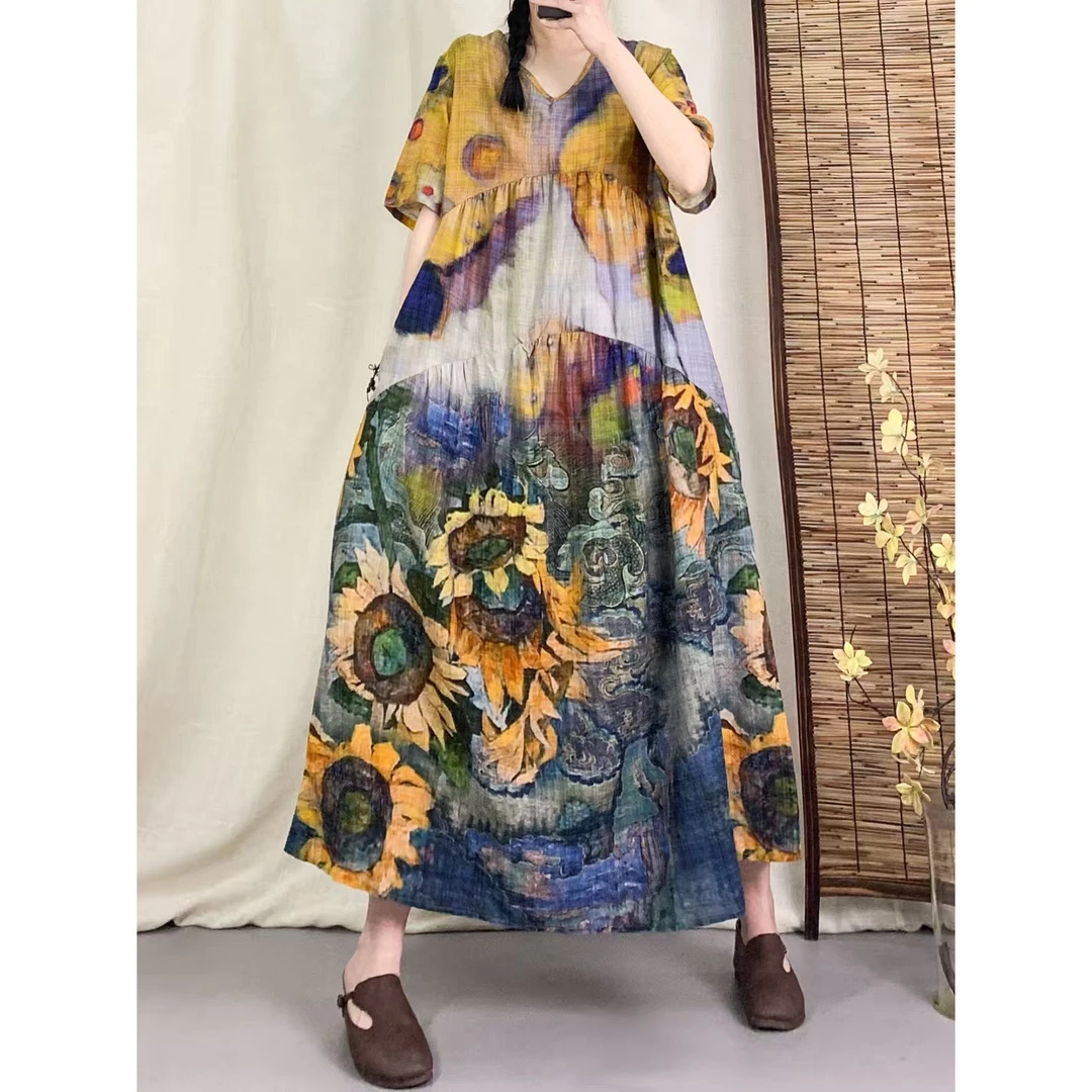 5087夏季新款显瘦气质时尚女百搭休闲文艺复古印花洋气宽松连衣裙