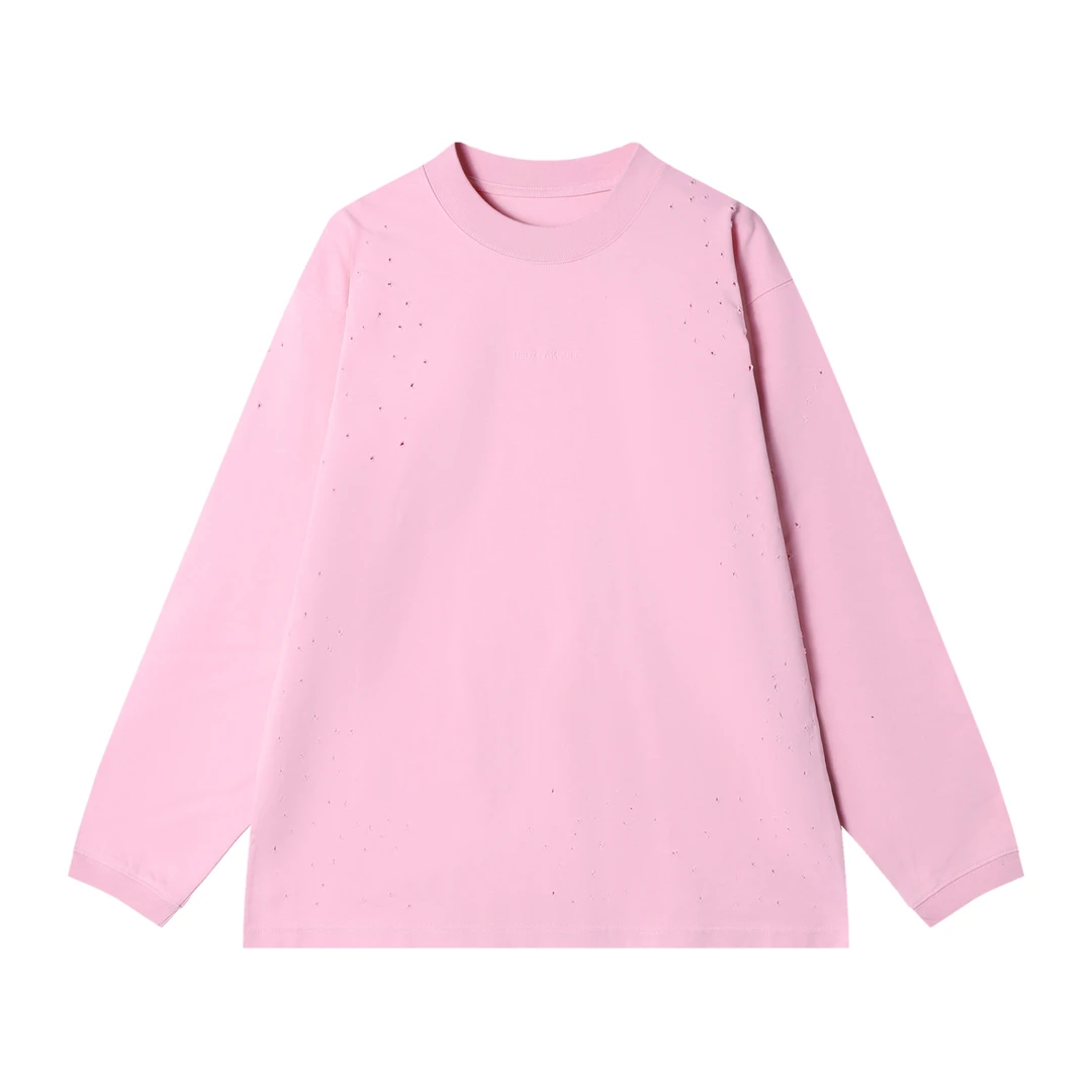 夏季新款时尚个性韩版纯色破洞刺绣字母圆领长袖T恤百搭宽松上衣