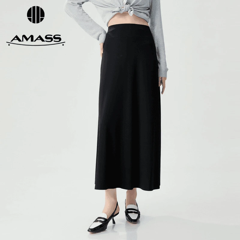 阿玛施AMASS新款时尚简约优雅气质垂坠感舒适小黑半身裙女5200502