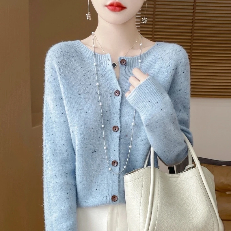 100%羊毛衫女圆领开衫点子纱宽松加厚针织衫新款系扣毛衣