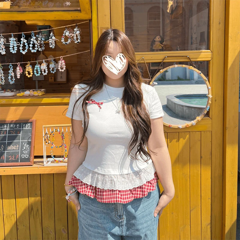 大码胖MM格子蕾丝拼接蝴蝶结短袖女2025夏新宽松显瘦荷叶下摆上衣