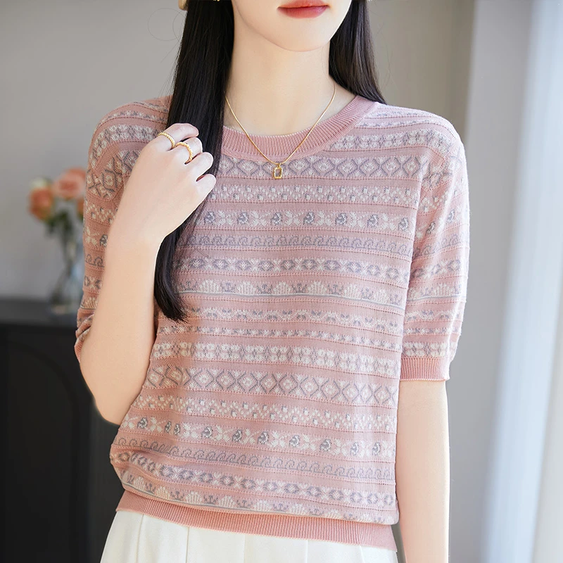 品牌女毛针织衫提花纹短袖夏季薄款气质针织衫显瘦时尚宽松上衣