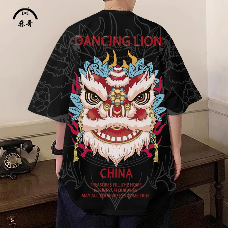 中国风休闲短袖T恤男醒狮印花圆领半袖夏季薄款大码加肥国潮体恤