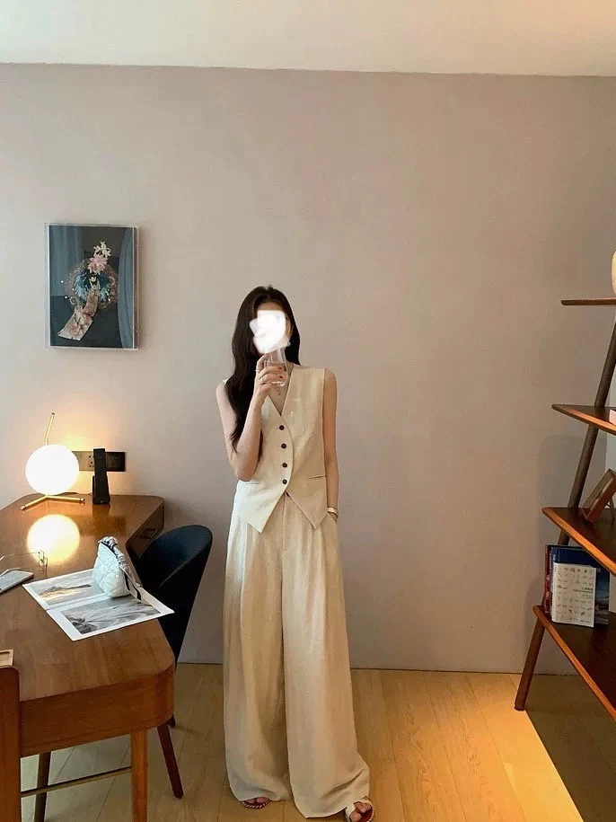 【现】老钱风天丝亚麻套装原宿风简约时尚气质显瘦新款西装套装L629