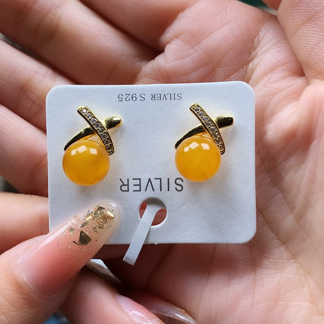 蜜蜡耳饰银S925镶嵌耳钉