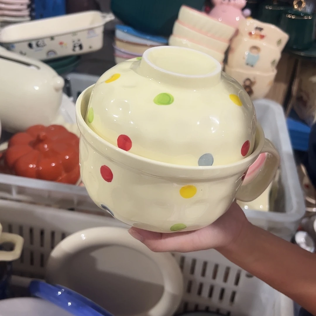 瓷片彩色波点带盖泡面碗送勺子