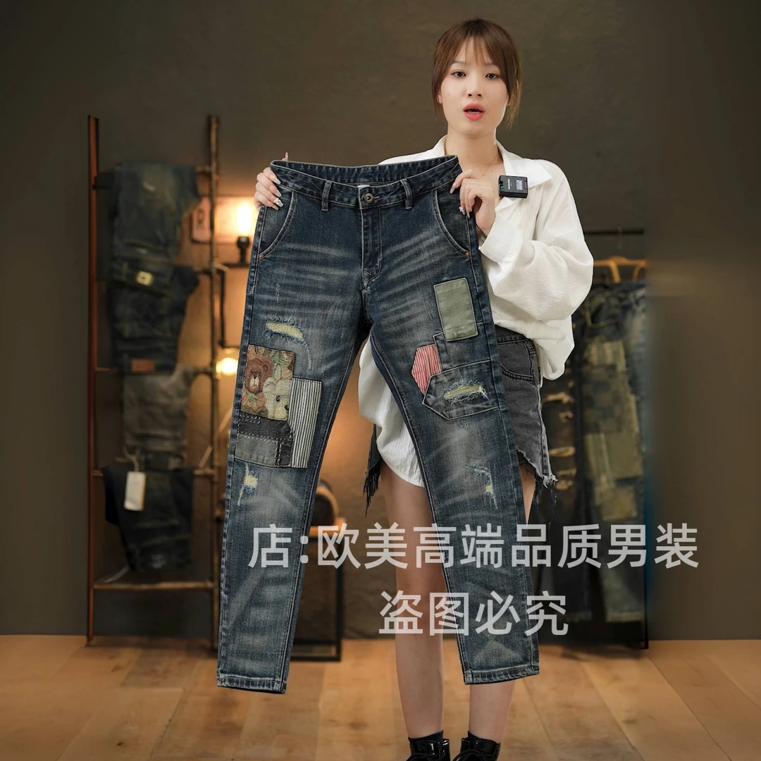 原创设计师款拼接刺绣破洞补丁男士牛仔裤修身弹力高街复古怀旧潮