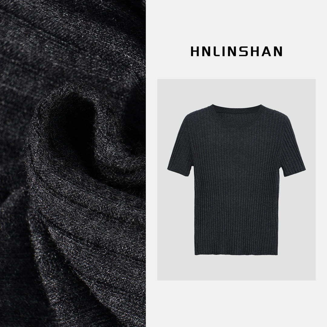 HNLINSHAN【止安】百搭休闲圆领针织三醋酸羊绒坑条肌理感短袖