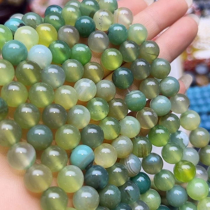 玛瑙/玉髓未镶嵌珠宝半成品T327  10m天然夏青柠缠丝玛瑙圆珠一条