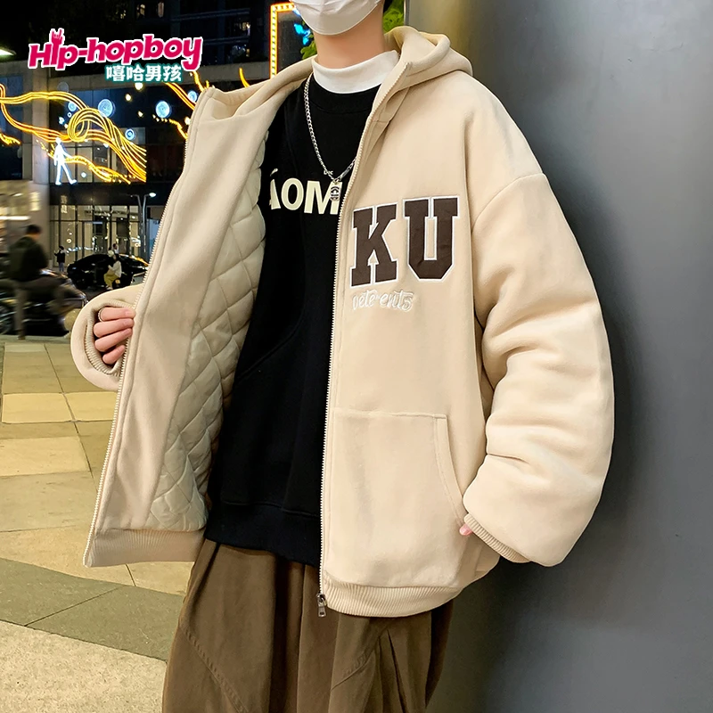 嘻哈男孩连帽保暖拉链棒球领夹克上衣港风百搭加厚外套男士棉衣
