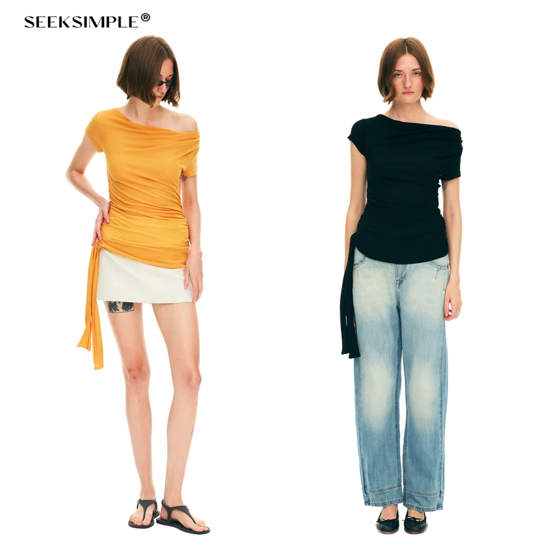 SEEKSIMPLE天丝羊毛斜肩侧绑带上衣D0915