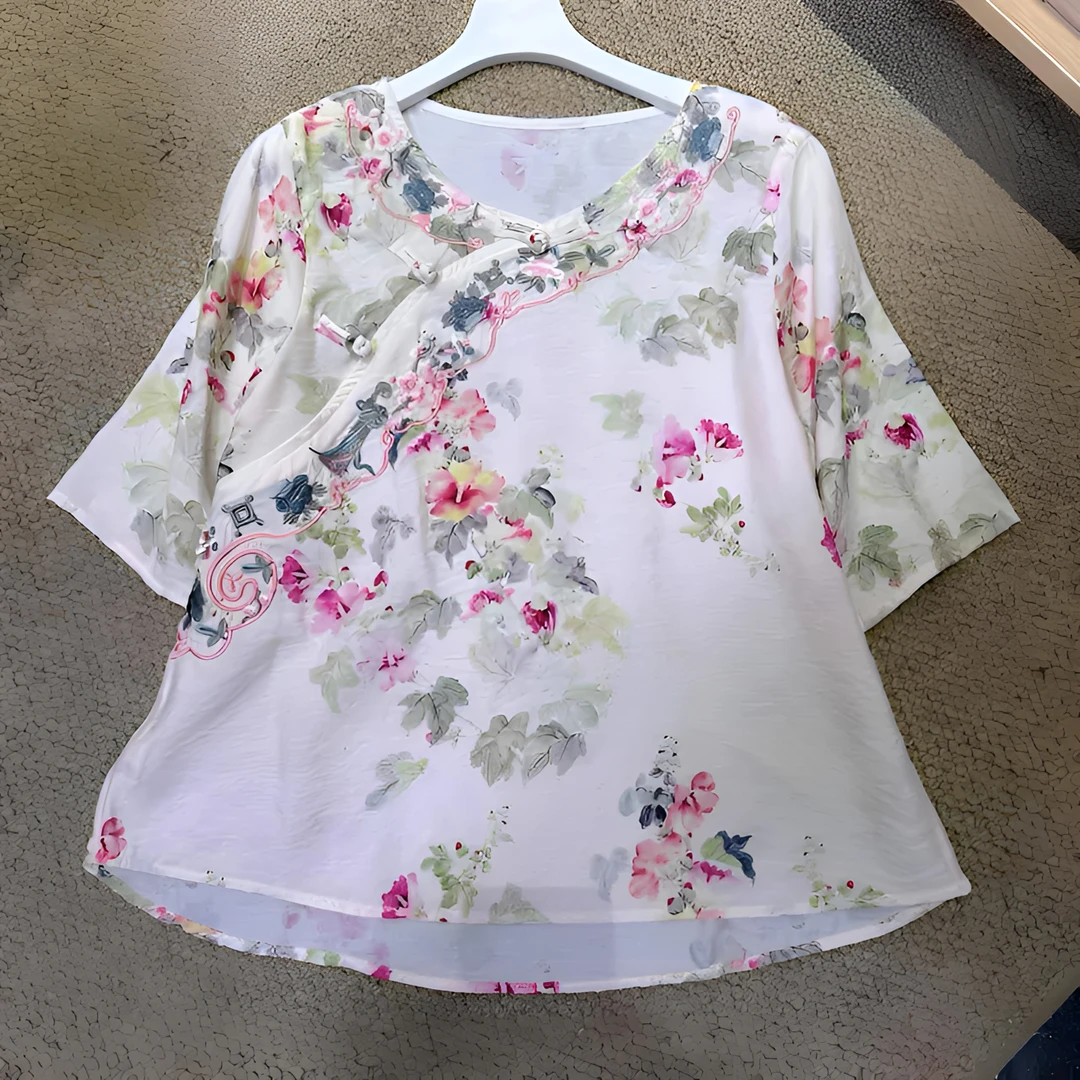 设计感夏宽松印花圆领斜襟上衣短袖小衫8258 肩宽40胸110长60