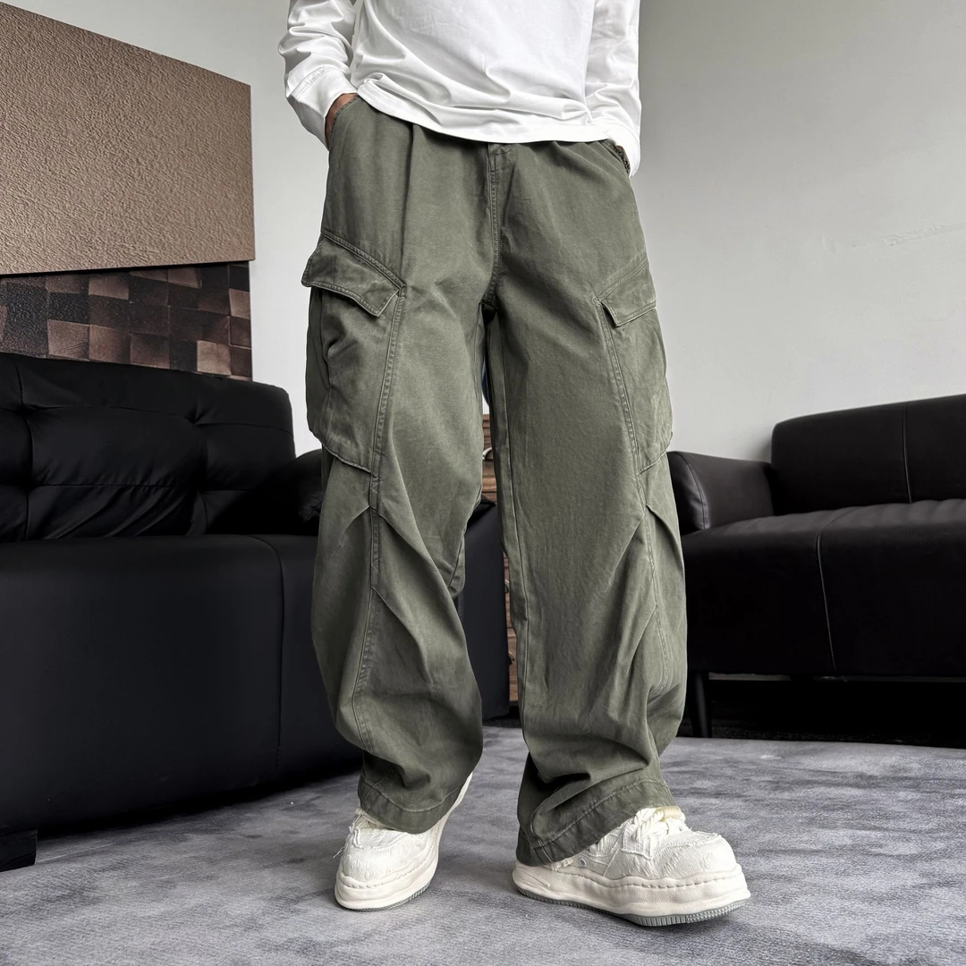 男士秋季拼接休闲裤男多口袋日系复古休闲裤水洗大码工装裤阔腿裤