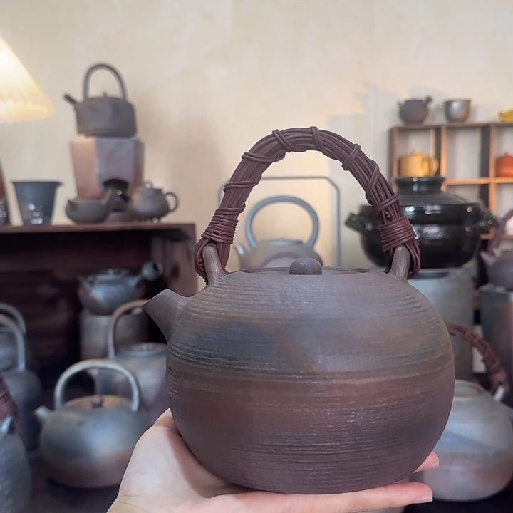 紫金陶老岩泥柴烧800藤编无字提梁