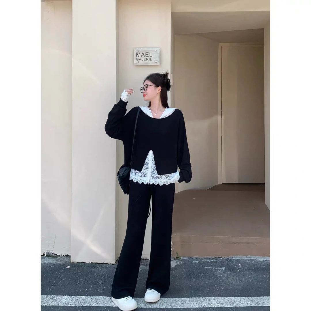 潼潼家【赴美】春季大码时尚休闲蕾丝马甲休闲裤三件套