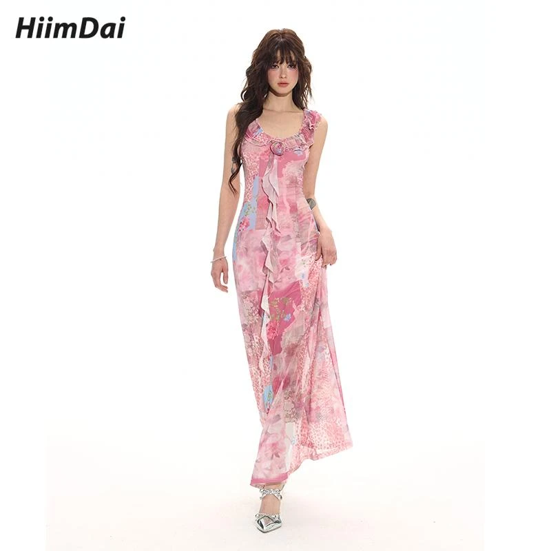 HiimDai 白昼梦境 独特画报印花 法式荷叶边度假裙修身碎花连衣裙