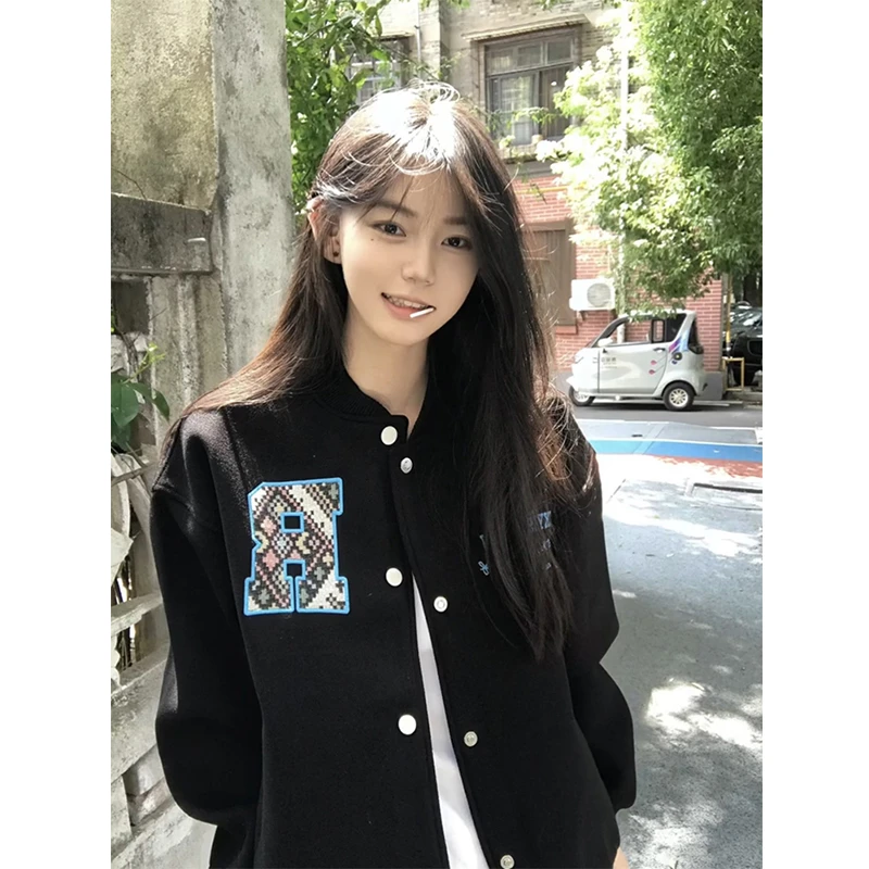 美式迷宫格贴布字母棒球服外套男秋季cleanfit学院风情侣工装夹克