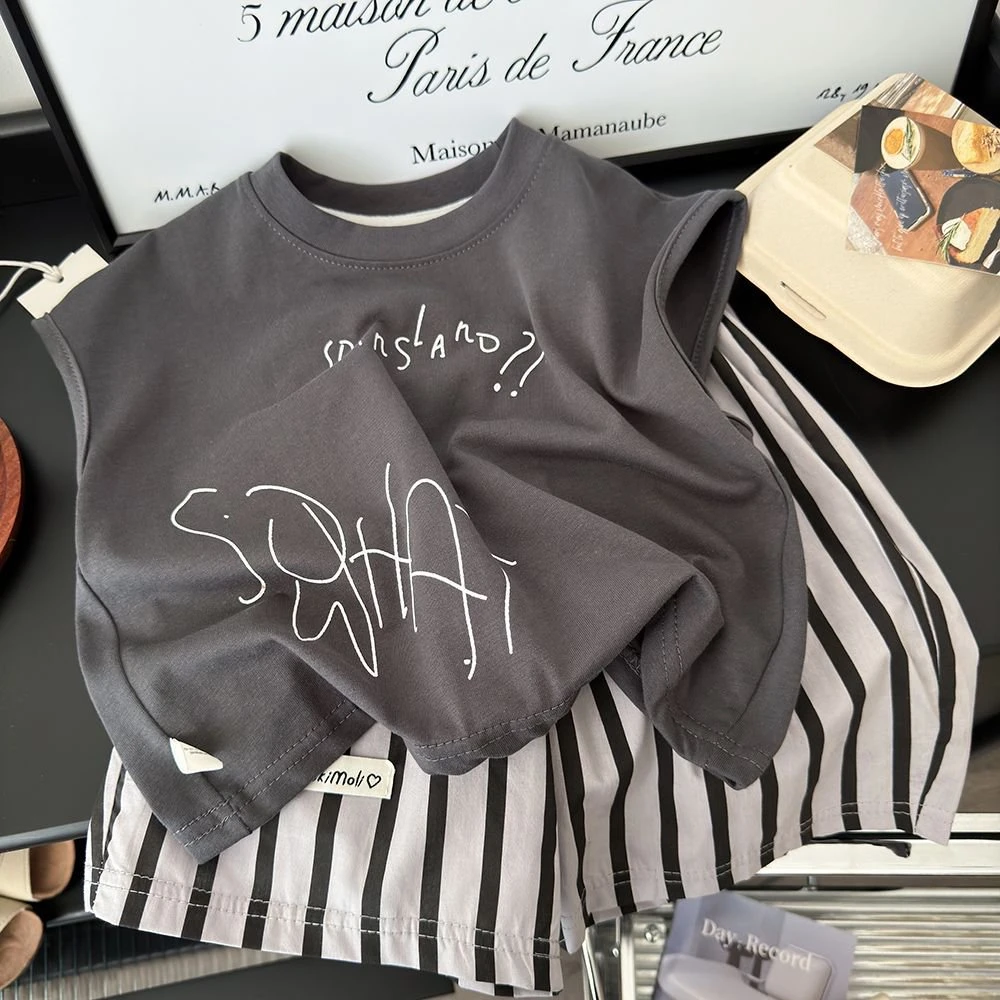 新款男童夏装套装2025纯棉洋气五分裤无袖背心小男孩夏季宝宝c