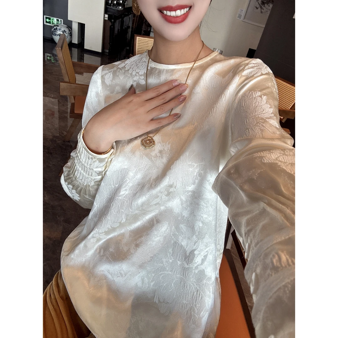 【老罗家】原创真丝衬衫桑蚕丝提花冠乐绉新中式圆领长袖气质上衣