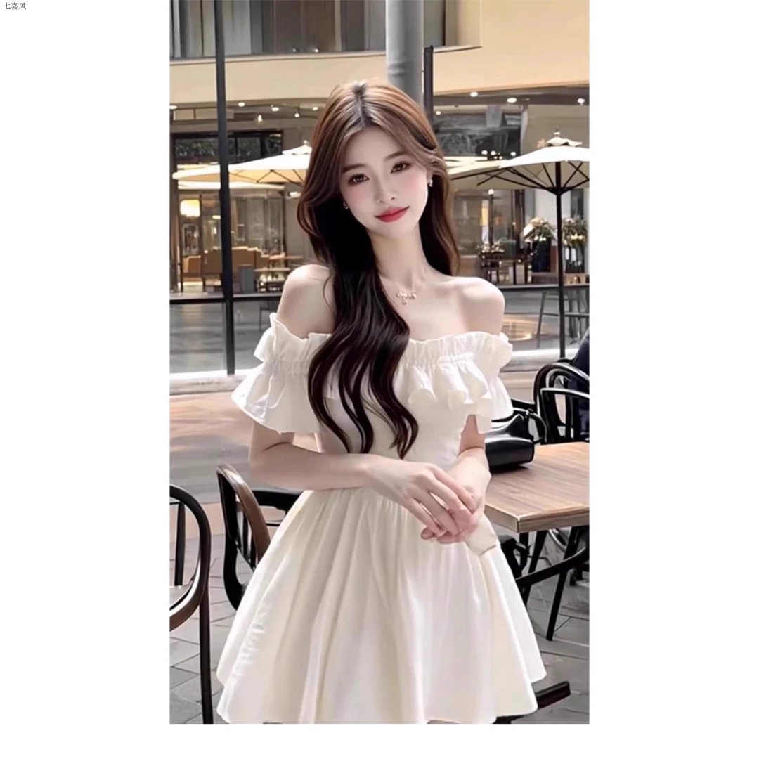 双层带里白色一字肩短袖连衣裙女夏季新款木耳边字短裙