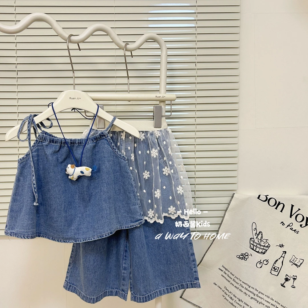 韩国女童薄款夏季牛仔套装吊带屁帘阔腿裤洋气三件套