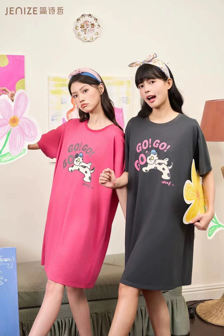 夏季短袖睡裙女中长款宽松舒适家居服甜美可外穿