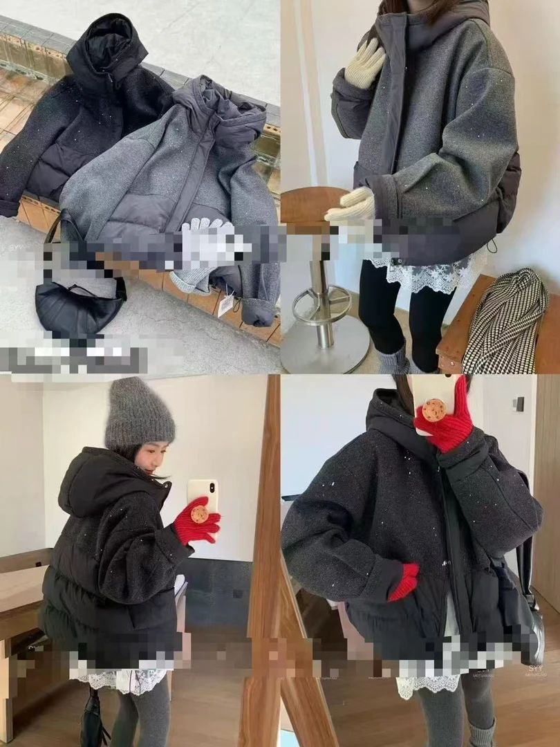 欧货连帽雪花双面呢拼接闪闪外套